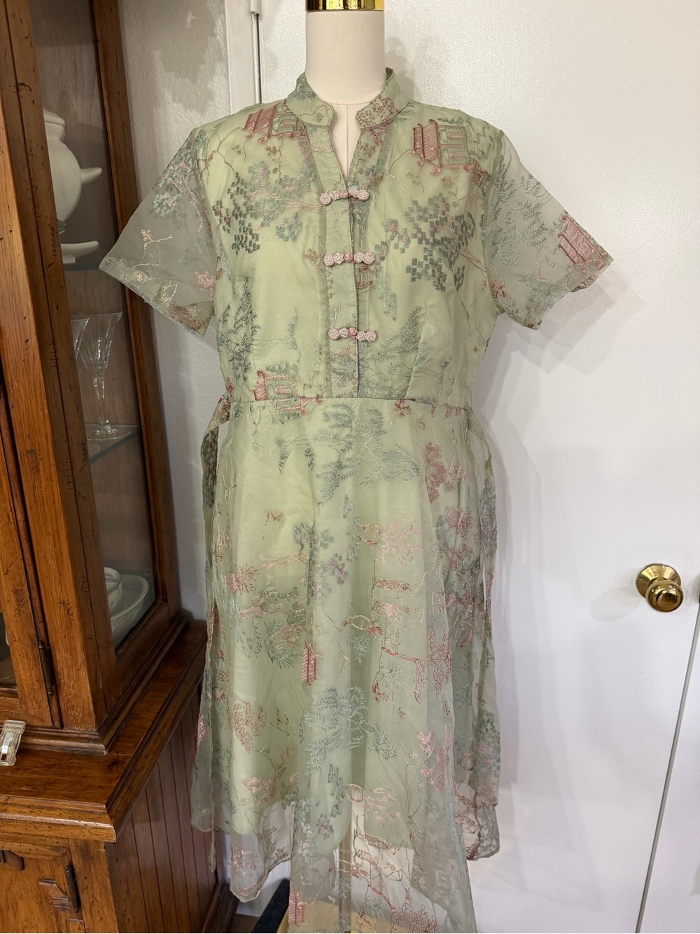 Embroidered Tie-Waist Midi Dress in Sage Green - Picture 10 of 16